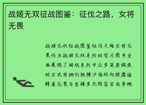 战姬无双征战图鉴：征伐之路，女将无畏